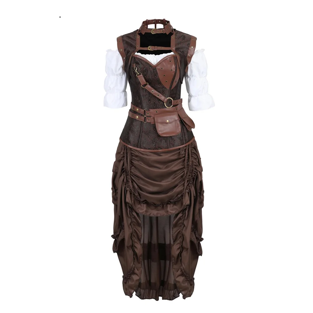 Corset Dress Women's Steampunk Gothic Faux Leather Bustier Corset with with Pirate Skirt and and Blouse Shirt Three-piece Outfit