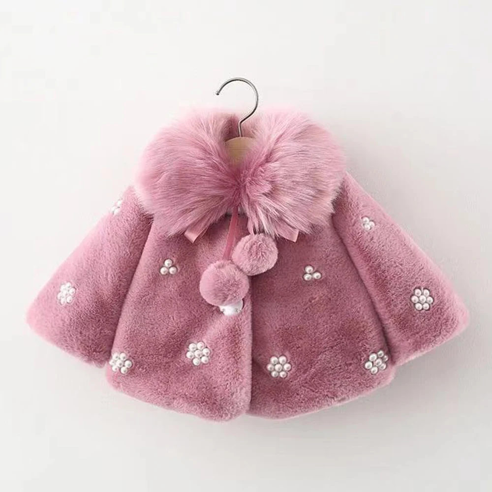 

Girls Winter Coat Faux Fur Turn-Down Collar Thicken Warm Kids Cape First Birthday Children Outwear Clothing