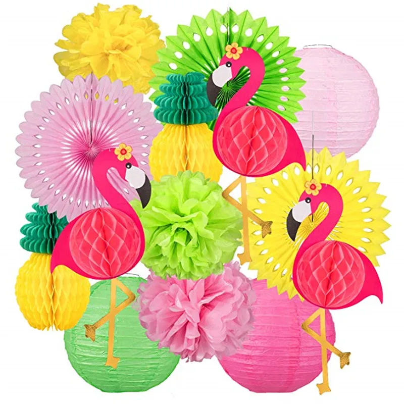 Green Rose flamingo Тропический Розовый фламинго вечерние вафельная ткань декоративная ткань бумажный веер в виде цветка Бумага фонари для Гавайский Летний пляж Луау Вечерние - Цвет: Green Rose flamingo