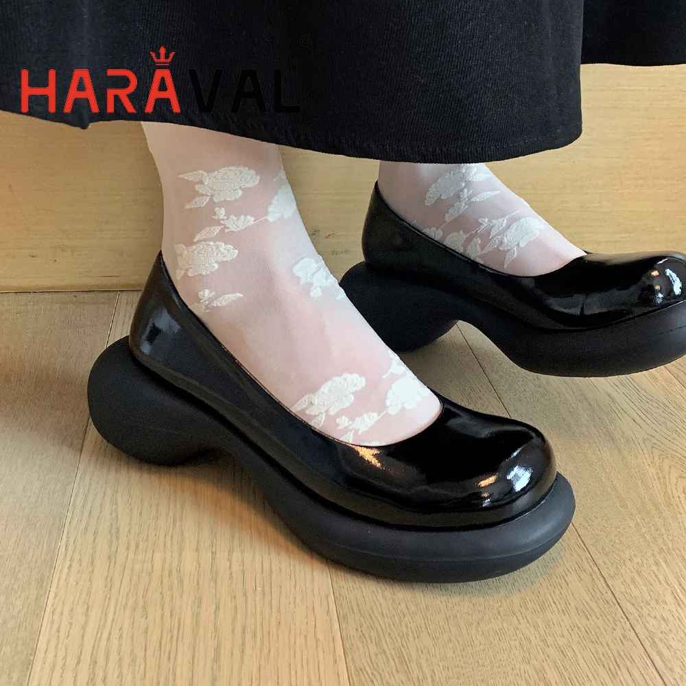 

HARAVAL Women Pumps Shoes Mary Janes Genuine Leather Round Toe Black Women Thick Bottom Classics Office & Career Shoes B371