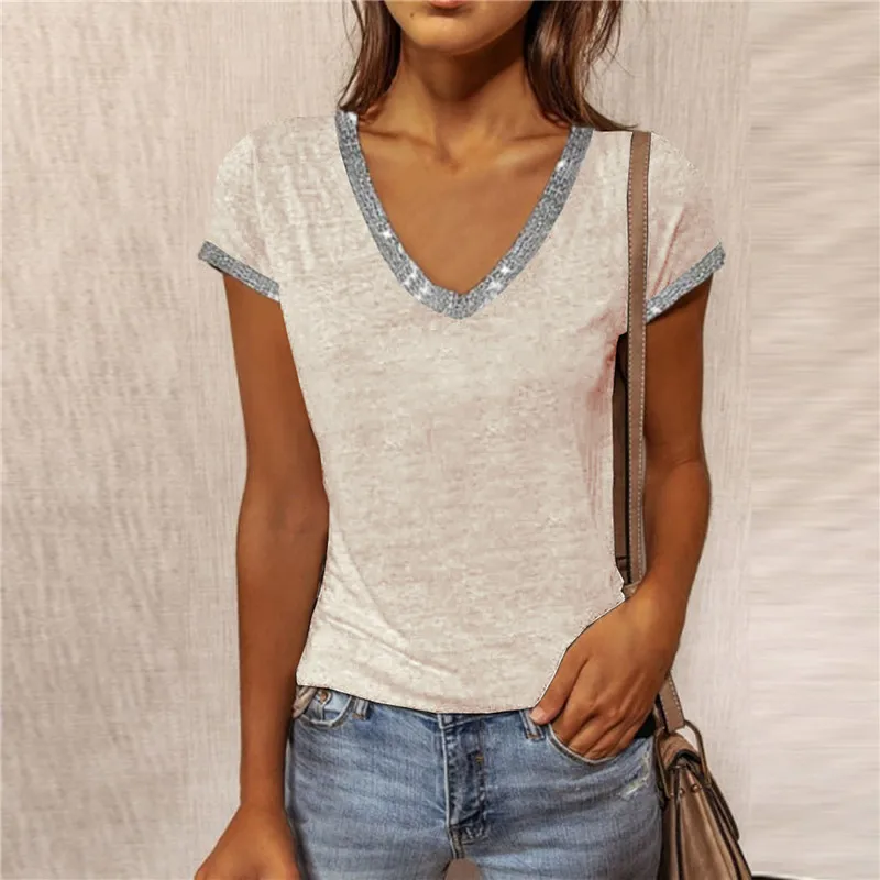 

Summer Fashion Women's V-neck Solid Color Slim Short-sleeved T-shirt Casual and Comfortable T-shirt Female