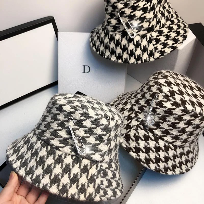 Winter Bucket Hats For Women Autumn Sun Hat Fashion Ladies Elegant Plaid Caps Rhinestone Pin Casual Houndstooth Cap