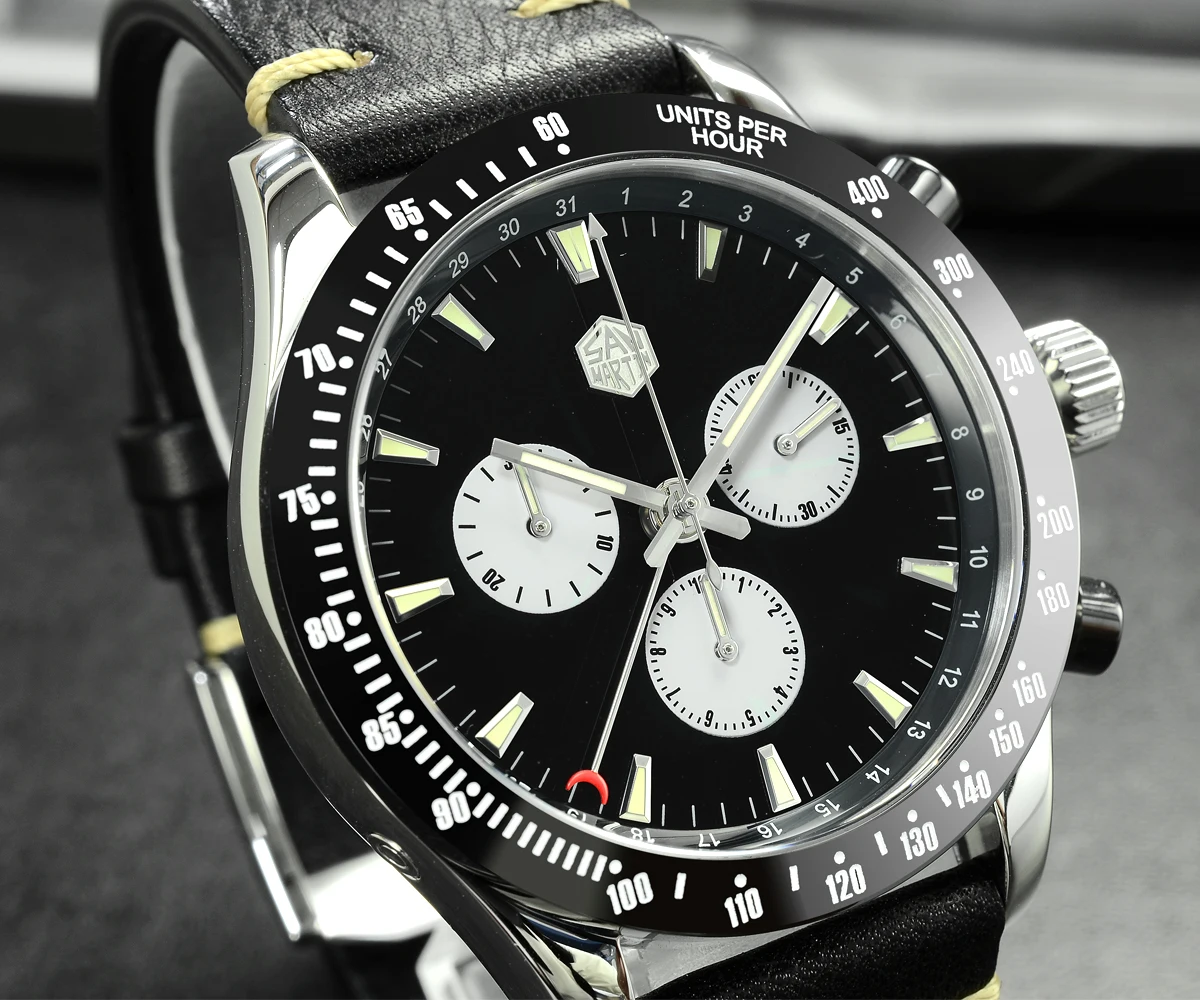Lugyou San Martin Quartz Watch Men Chronograph Timepiece Sun ray Metal Band Sub Dials Pusher Sapphire 100m Water Resistant Glow
