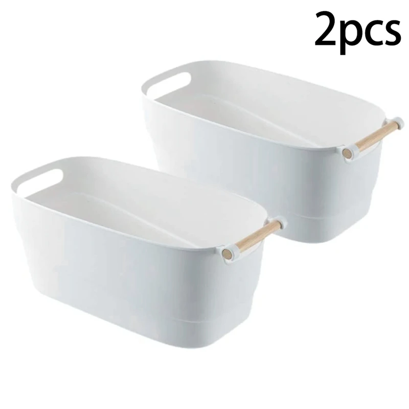 Storage Bins with Wood Handle Sleek Design - White Matte Plastic Organizer Bucket Easy to Clean Medium(2 PCS) | Дом и сад