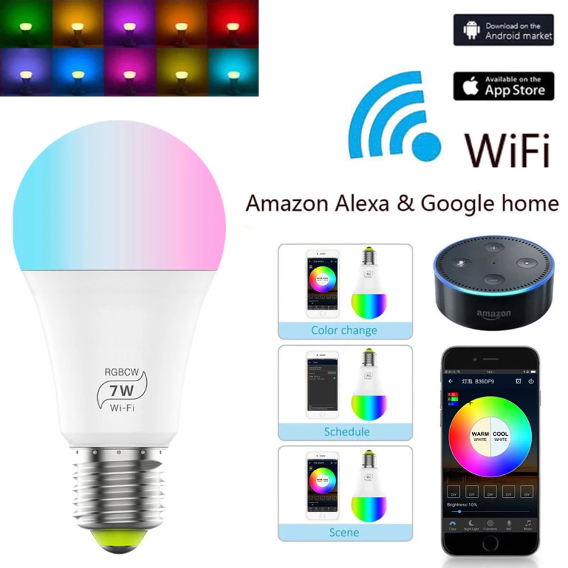 

Умный светильник лампы 7 Вт Цвет меняющийся Wifi светильник цветная (RGB) Светодиодная лампа с регулируемой яркостью Alexa совместимых для Google Home ...