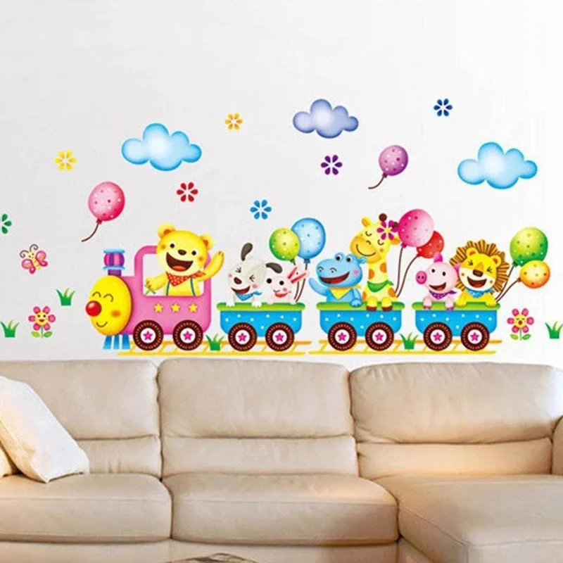 

Cartoon Animals Train Wall Sticker for Nursery Decor Baby Kids Bedroom Home Art Mural Removable Cartoon Wall Stickers