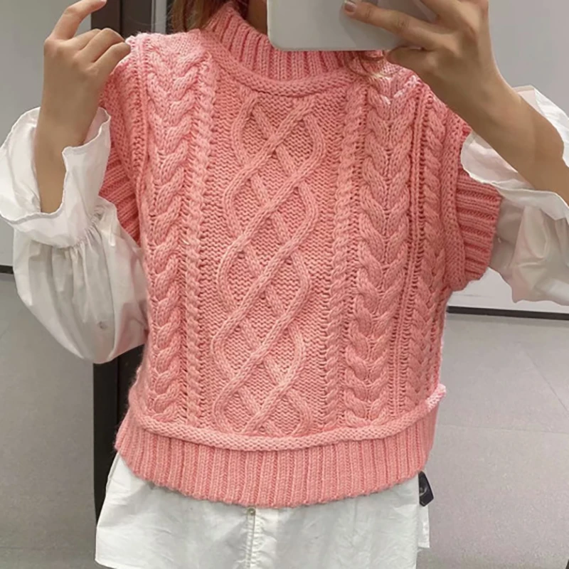 Evfer Women Casual Za Turtleneck Pink Knitted Pullover Vest 2020 Autumn Chic Lady Sleeveless Sweaters Girls Cute Jumpers | Женская