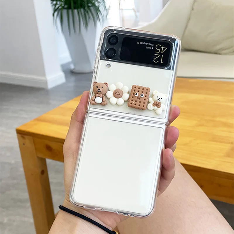korea cartoon bear phone cases for samsung galaxy z flip3 5g f7110 transparent portable shell for galaxy zflip3 zflip 4g 5g etui free global shipping