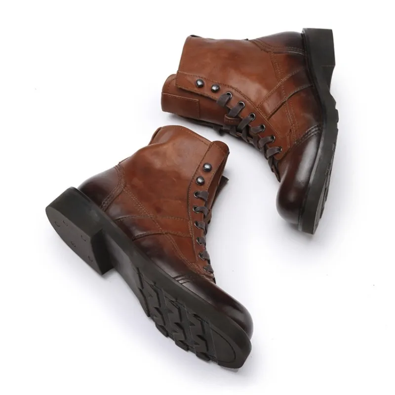 Retro Luxury Brand Fleece Liner Round Toe Snow Boots Men Genuine Leather Winter Warm Military Mid-Calf High Quality Shoes | Обувь