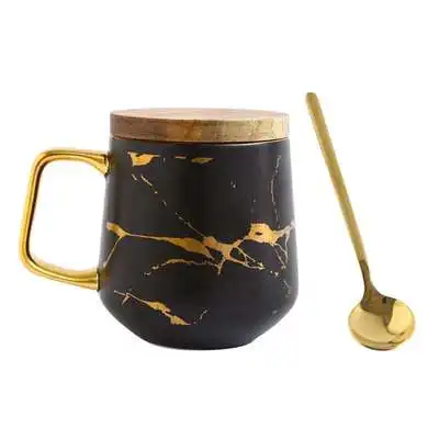 black mug Креативные свежие в скандинавском стиле мраморные матовые керамические золотистые чайная, кофейная кружка с деревянной крышкой лоток подарок - Цвет: black mug