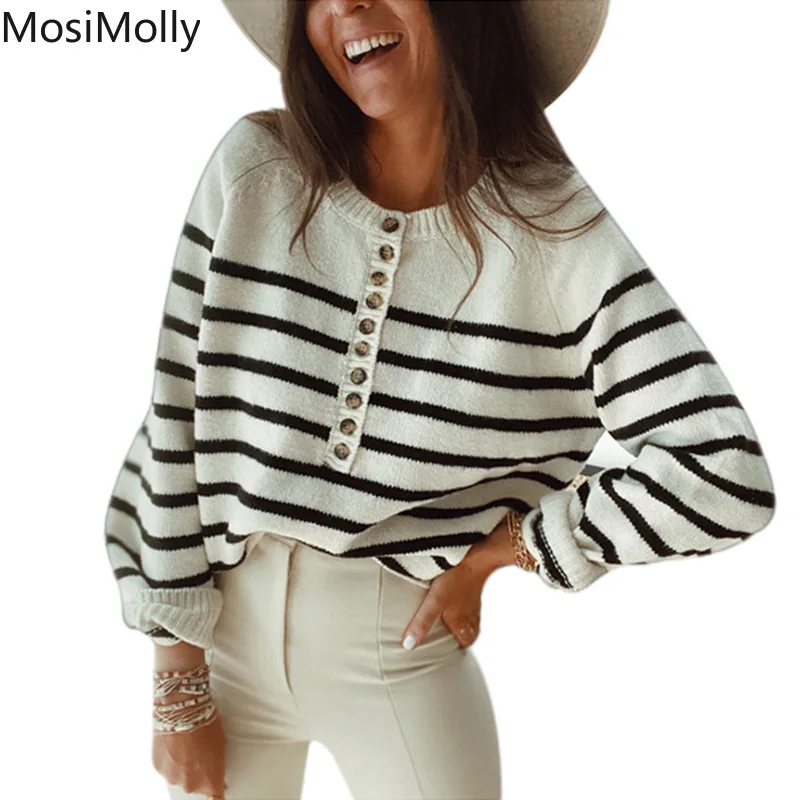 

MosiMolly 2021 Striped Sweater Jumper Pulloverd Women Button Front Casual Knit Sweater Female