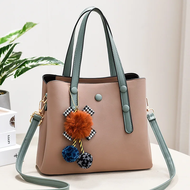 

Fashion Contrast Color Handle Handbags New Plush Pendant Leather Crossbody Bag for Women Simple Style Shoulder Bag Totes