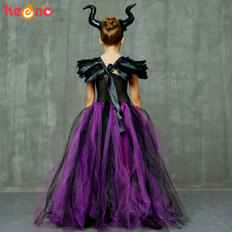Платье-пачка для девочек на Хеллоуин «Maleficent Evil Dark queen» с рогами «Wicked Witch»; Детские вечерние костюмы для костюмированной вечеринки; нарядная одежда