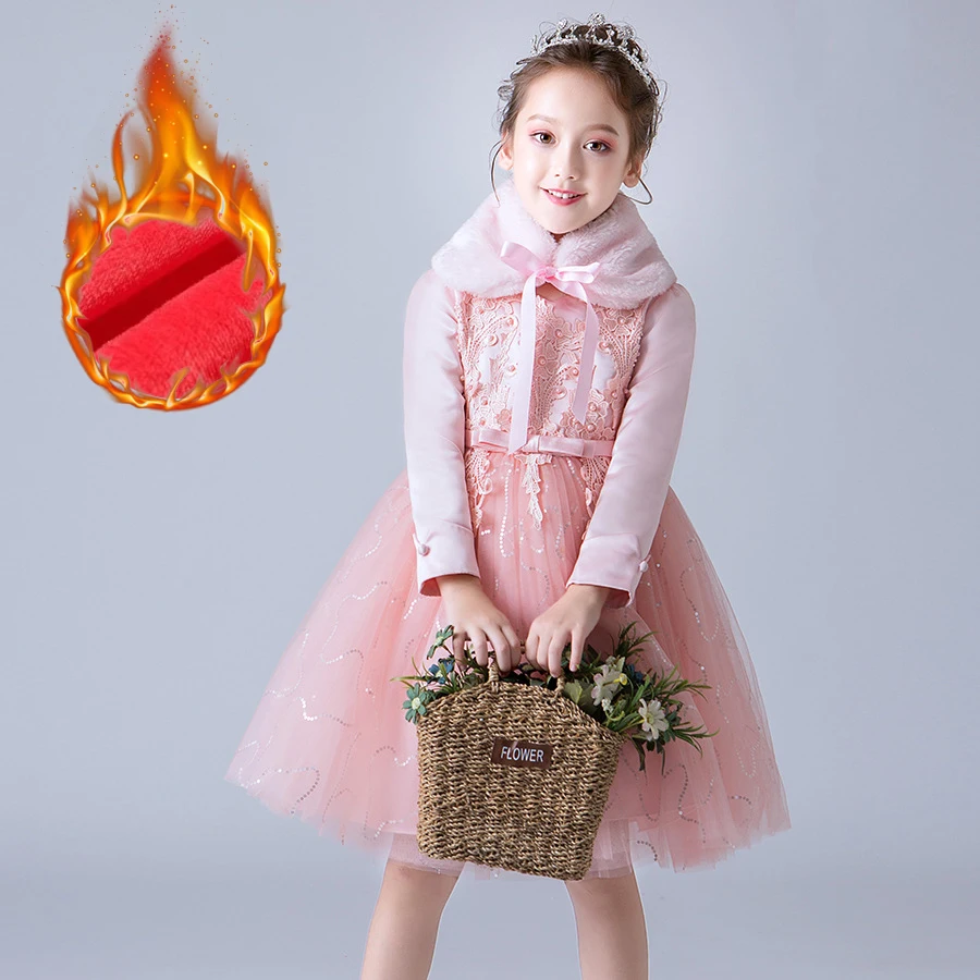 Pink Новинка года, зимнее плотное теплое рождественское платье Детские платья для девочек, одежда для девочек вечерние платья с длинными рукавами из двух предметов платье принцессы - Цвет: Pink