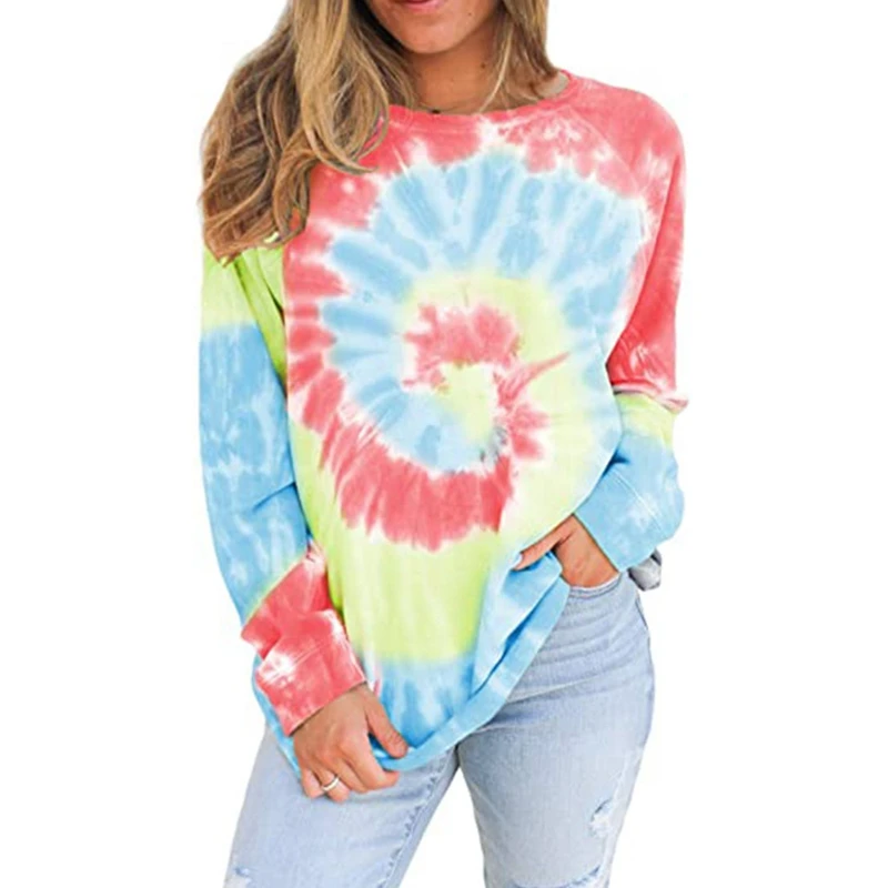 

Women Tie Dye Crewneck Long Sleeve Sweatshirt Casual Loose Pullover Colorblock Shirts Tops