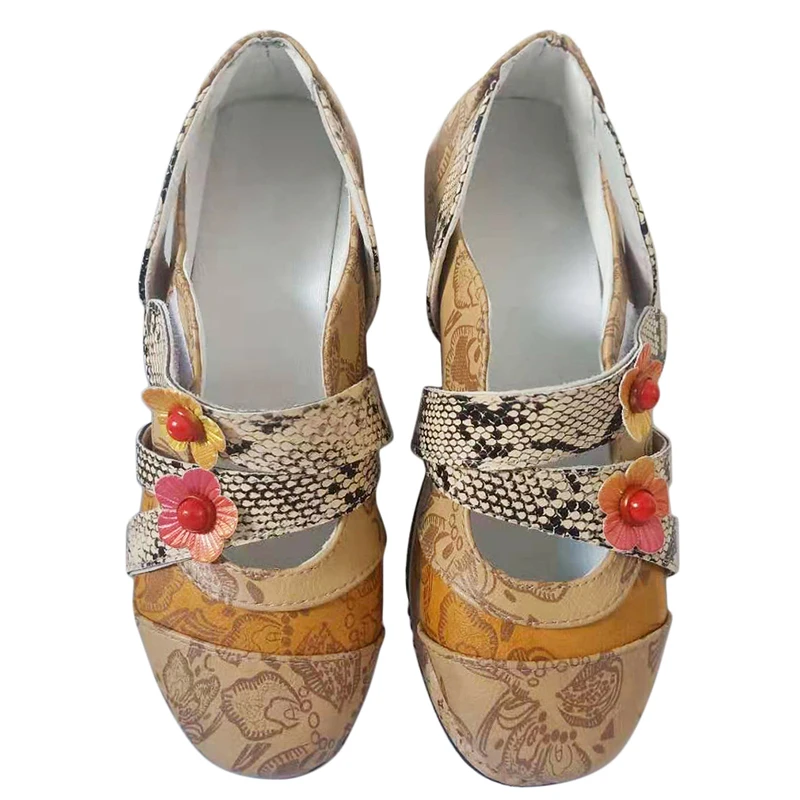 

Retro Women's Single Sandals Spring Autumn British Flower Leather Combination Splicing Colored Princess Striped Wedge Flat Shoes