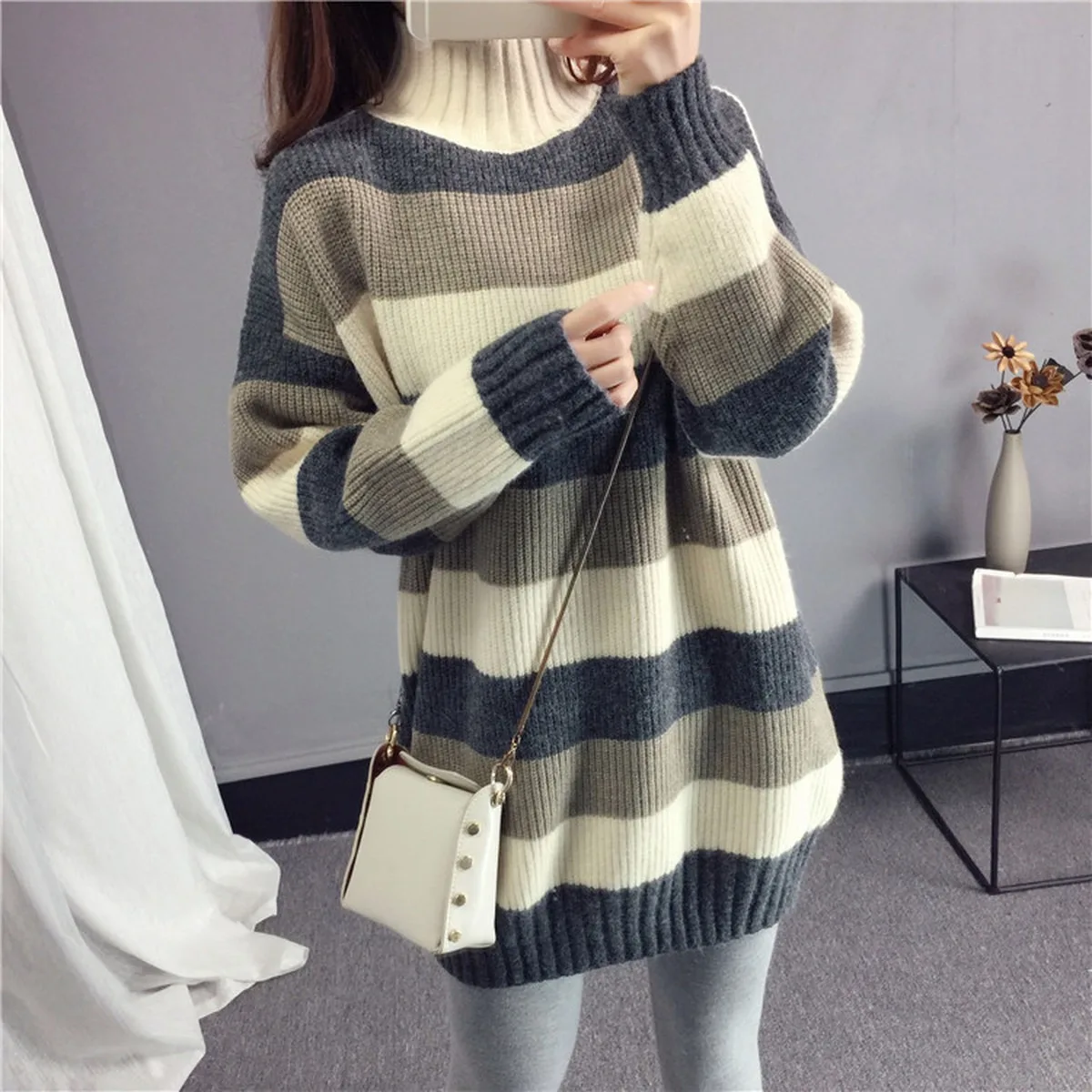 

Color Matching Half High Neck Knitted Pullover Sweater Women 2021 New Loose Fashion Mid-length Wide Striped Thick