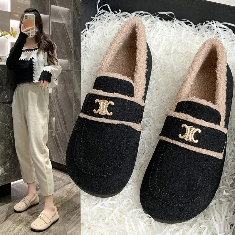 

Женские туфли с металлической цепочкой, зимние хлопковые кроссовки, кашемировые лоферы, теплые плюшевые мокасины на плоской подошве, 2021