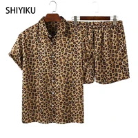 shiyiku brandsummer fashion casual street style leopard print lapel short sleeved shirt beach pants hawaiian mens suit 2 pieces