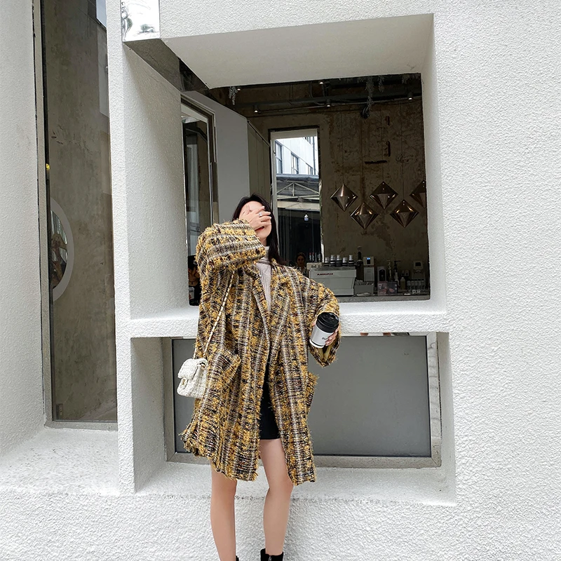 Женское элегантное зимнее шерстяное клетчатое твидовое пальто длинное