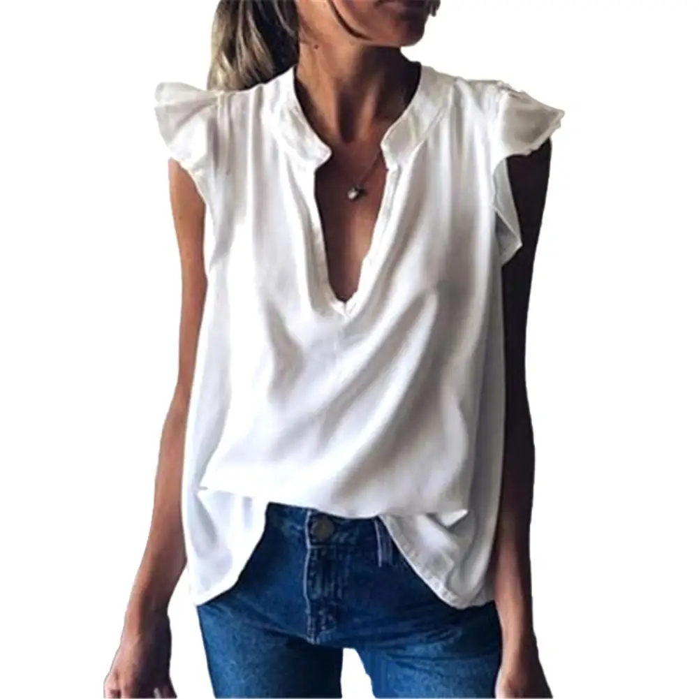

Women Fashion Solid Color V Neck Short Ruffled Sleeve Loose T-shirt Blouse Top Summer New T-shirt Natural Short