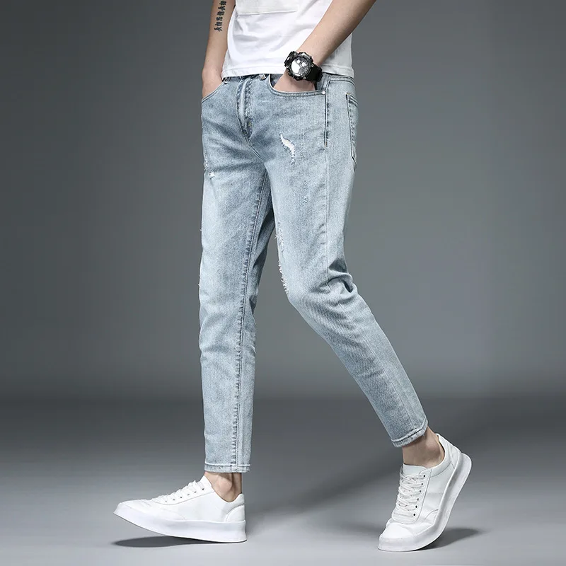 Модные поцарапанные технические мужские джинсы однотонные облегающие джинсовые