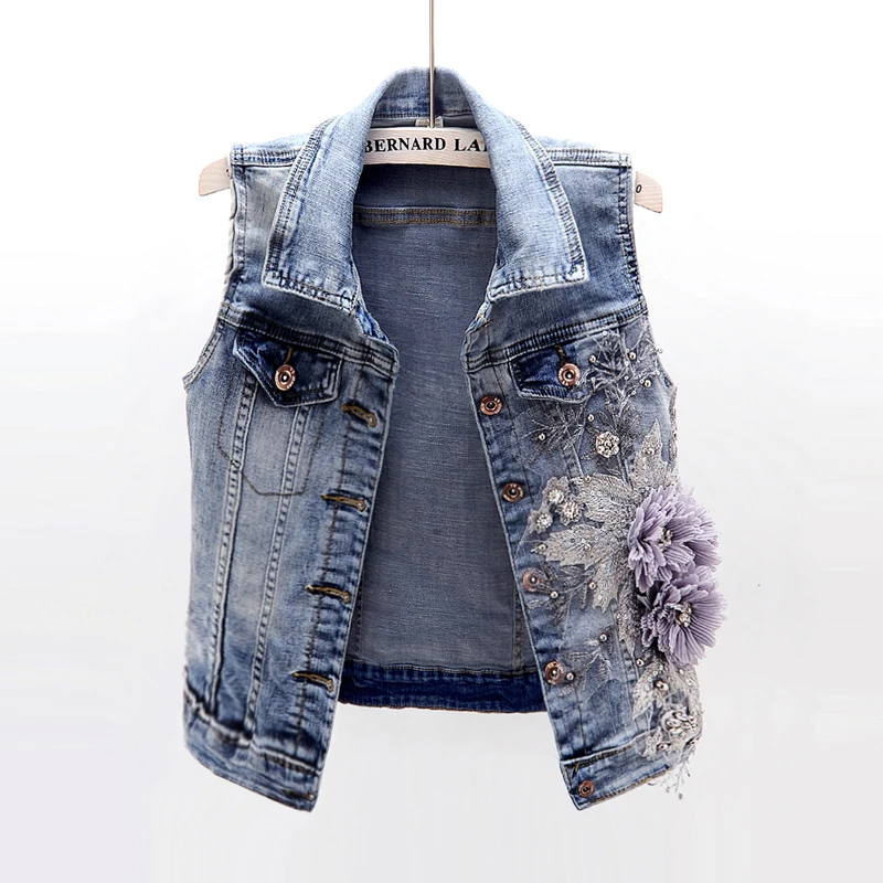 

2020 NEW women sleeveless denim vests jackets 3D flowers embroidery beading printed casual waistcoat spring summer JC212