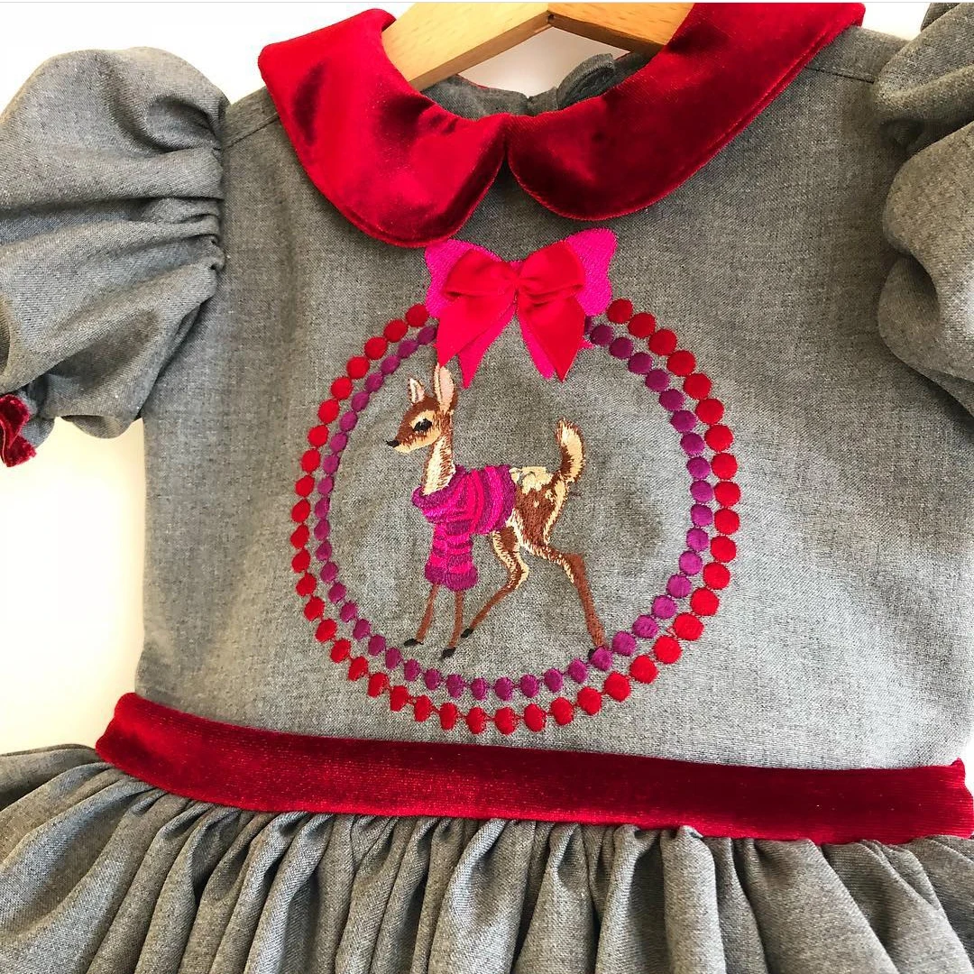 

0-12Y Baby Girl Summer Grey Deer Embroisery Vintage Spanish Princess Ball Gown Dress for Christmas Eid Causal