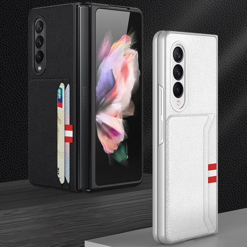phone case for samsung galaxy z fold 3 5g cover plain leather fold solid color card bag insert card new shockproof fitted fundas free global shipping