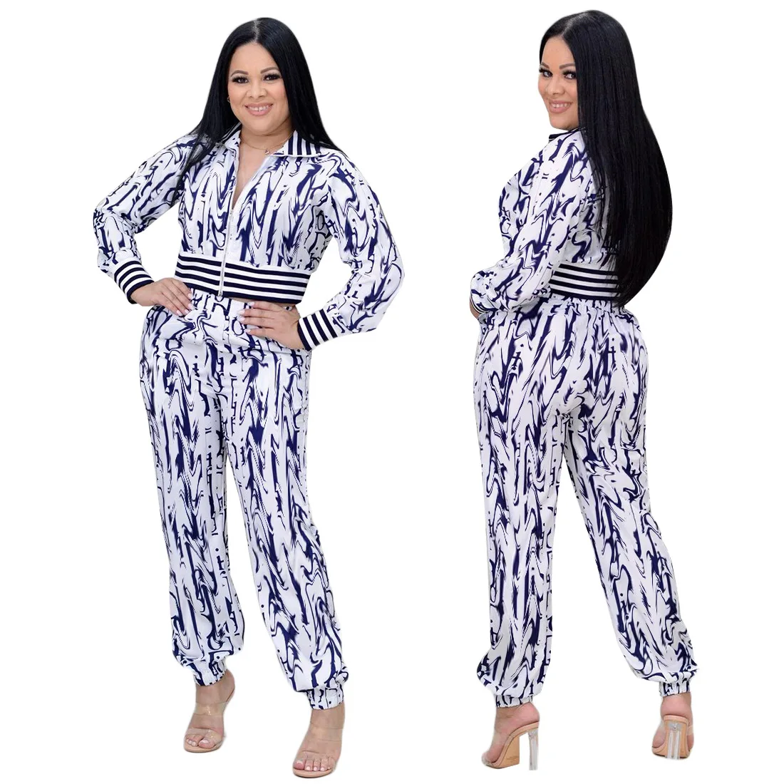 

Женский костюм с принтом, топ с воротником-стойкой и облегающие брюки, модная облегающая Спортивная уличная одежда с принтом, женская одежд...