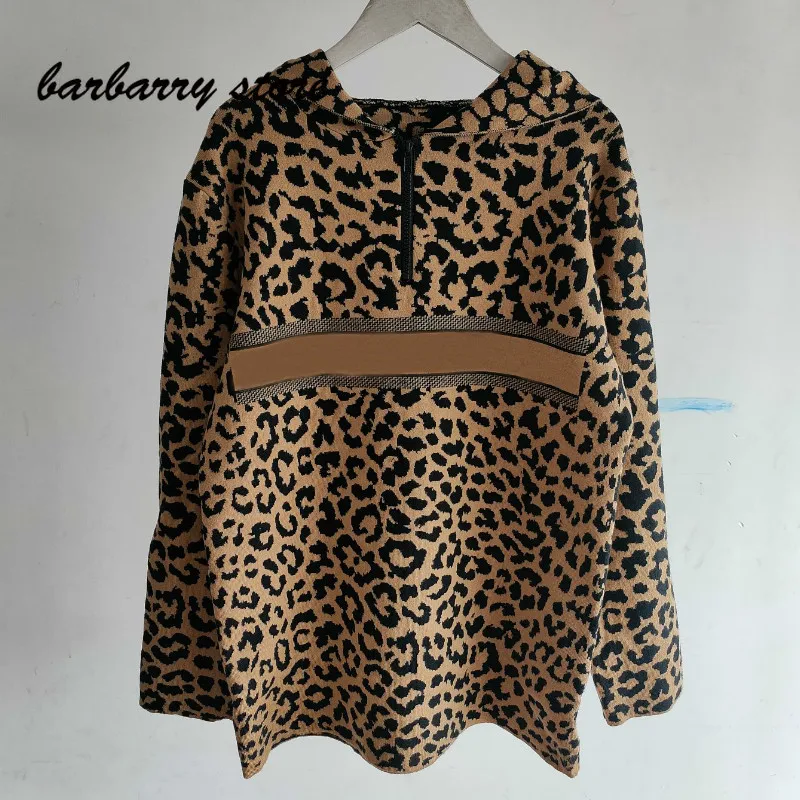 

Женский пуловер с капюшоном, разноцветный свободный Универсальный пуловер с длинным рукавом и леопардовым принтом из смешанной шерсти, рос...