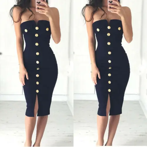 

Stylish Women's Off-shoulder Slash-neck Strapless Button High-waist Bustier Sleeveless Slim Fit Dress Lady Party Ball Dress S-XL