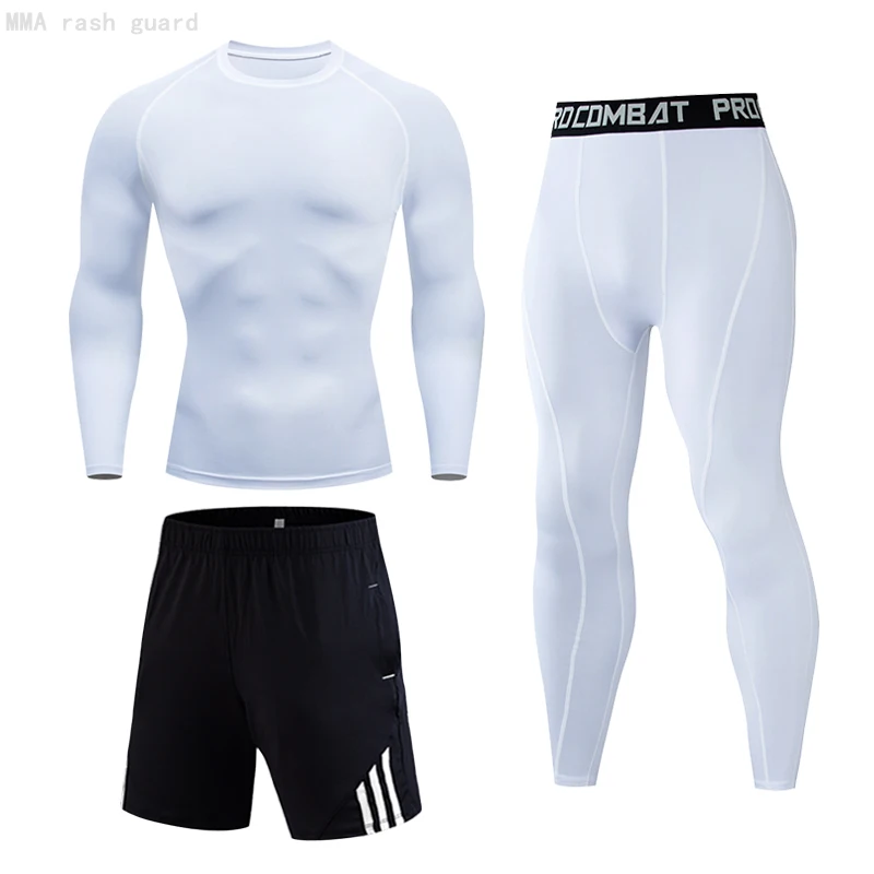 

Fitness Clothing Men's Solid color Running set Sweat Exercise Bottoming Underwear Top sports ompression leggings 3-Pc Set Men