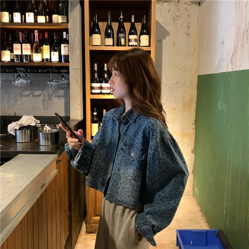 

Hipster Loose Leopard Crop Top Women's Clothing Blue Korean Fashion Clothes Ladies Coats Autumn Style Jackets Ulzzang New