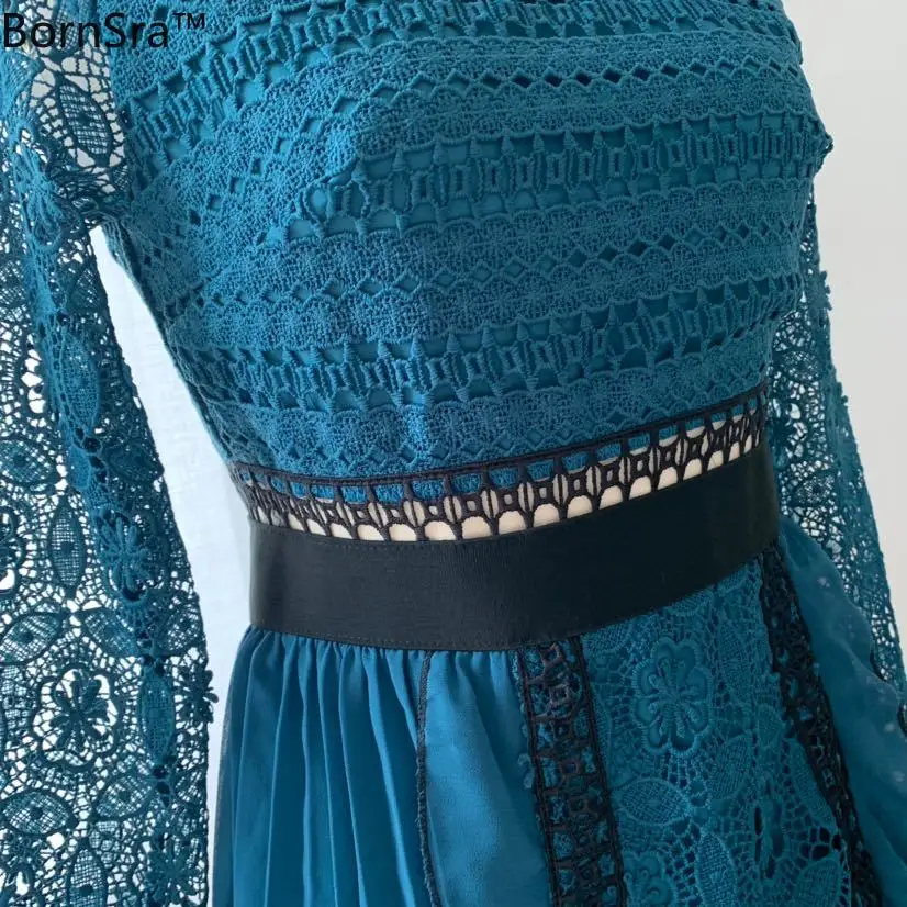 

Bornsra Self Portrait Blue Lace Dress 2021 Spring Autumn Sexy Hollow Out Flower Embroidery Chiffon Ruffles Patchwork Lace Dress