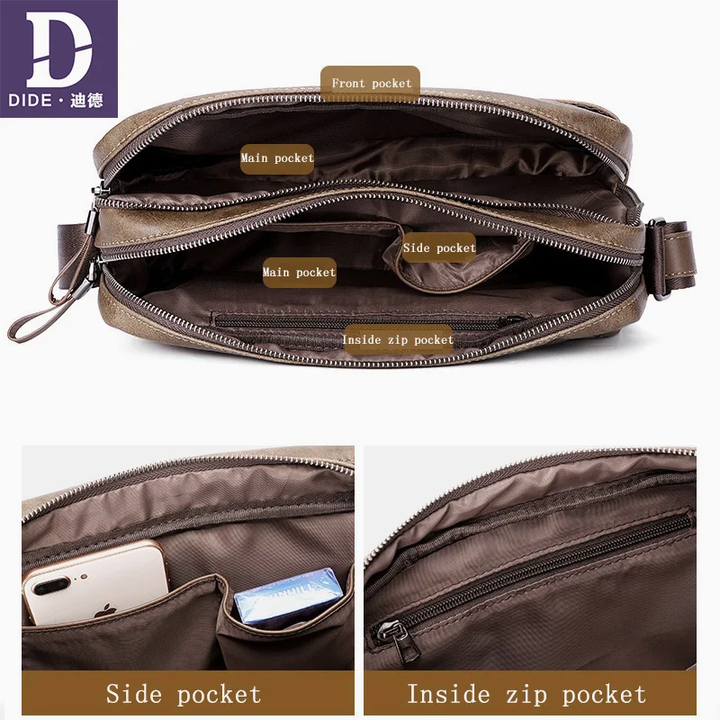 DIDE Small Leather Men Messenger Bag Zipper Design Solid Crossbody Bags Mens Large Capacity Black Satchels Shoulder for Man | Багаж и