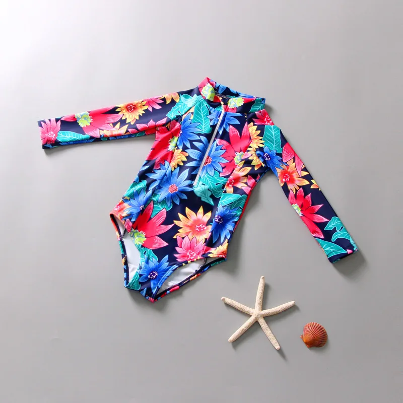 Детский слитный купальник с длинным рукавом и цветочным принтом|Комбинезоны| |