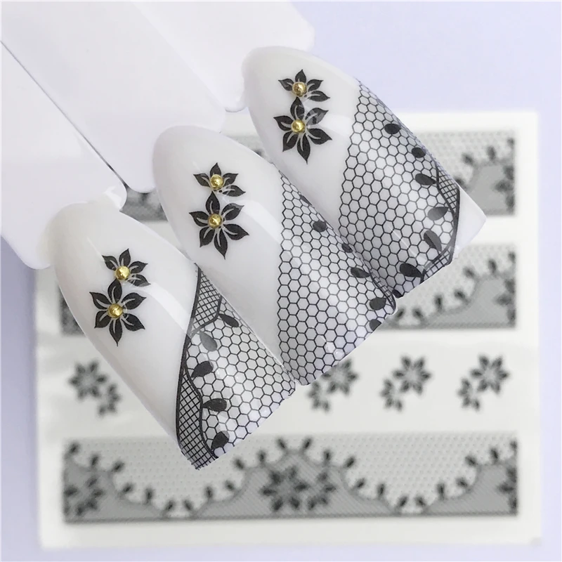 

Nails Water Transfer Nail Art Stickers Decals Black Lace Flowers Design DIY French Manicure Foils Stamp Tools