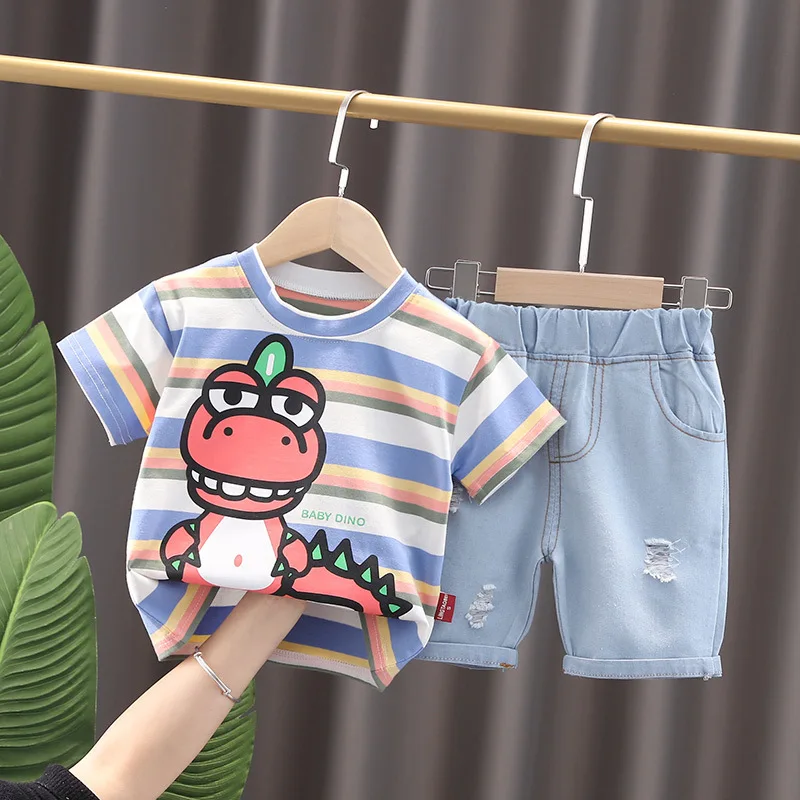 

Летняя одежда для маленьких девочек, летняя Милая полосатая топ с коротким рукавом и шорты, хлопковый костюм с мультяшным динозавром, детск...