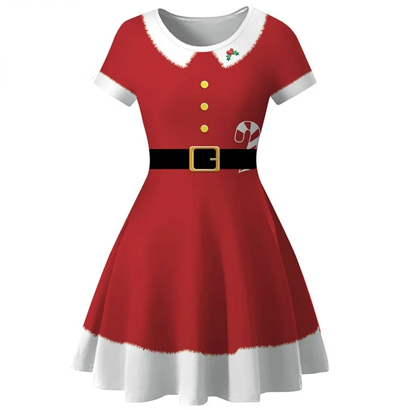

Elegant Print Women Christmas Dress Short Sleeve High Waist Big Swing Vintage Xmas Party Sundress Casual Plus Size Robe Femme