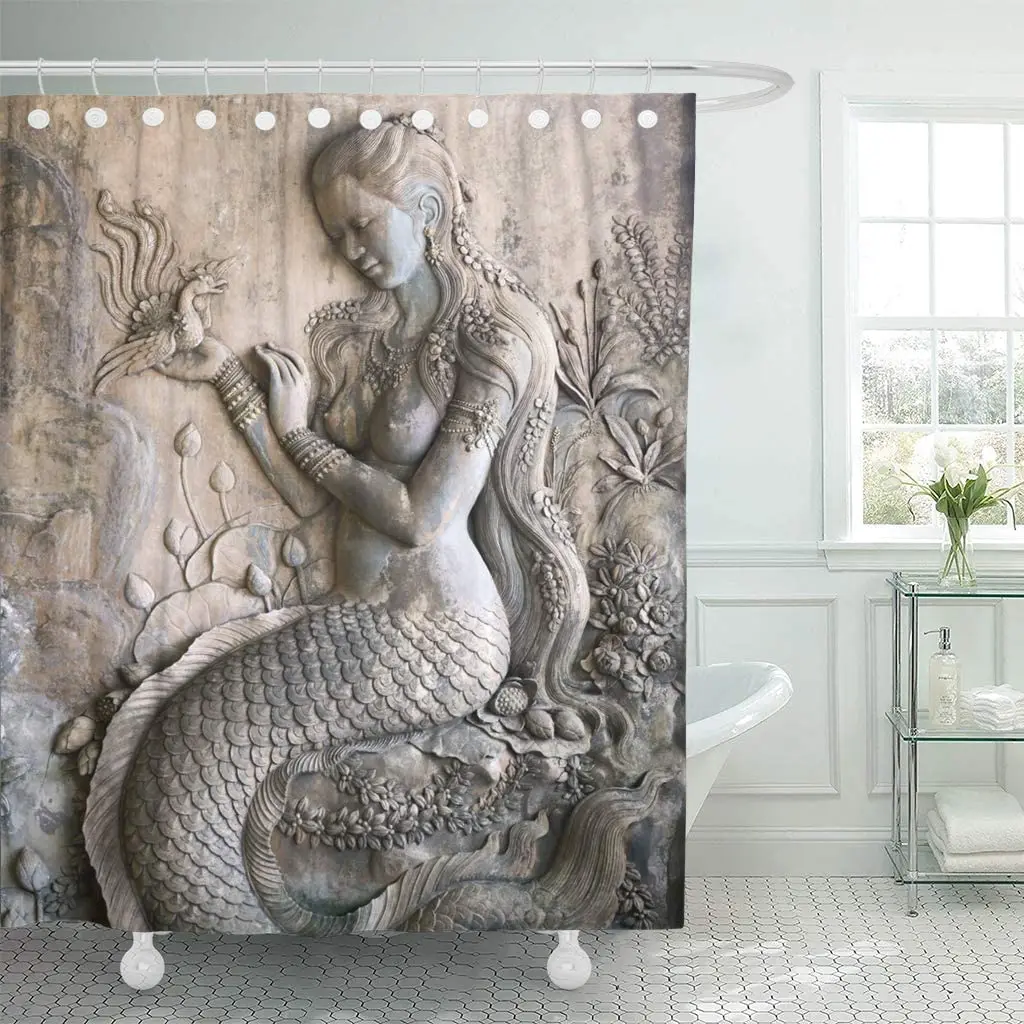 

Yellow Paintings Mermaid Woman Stucco Decorative Bathroom Curtain