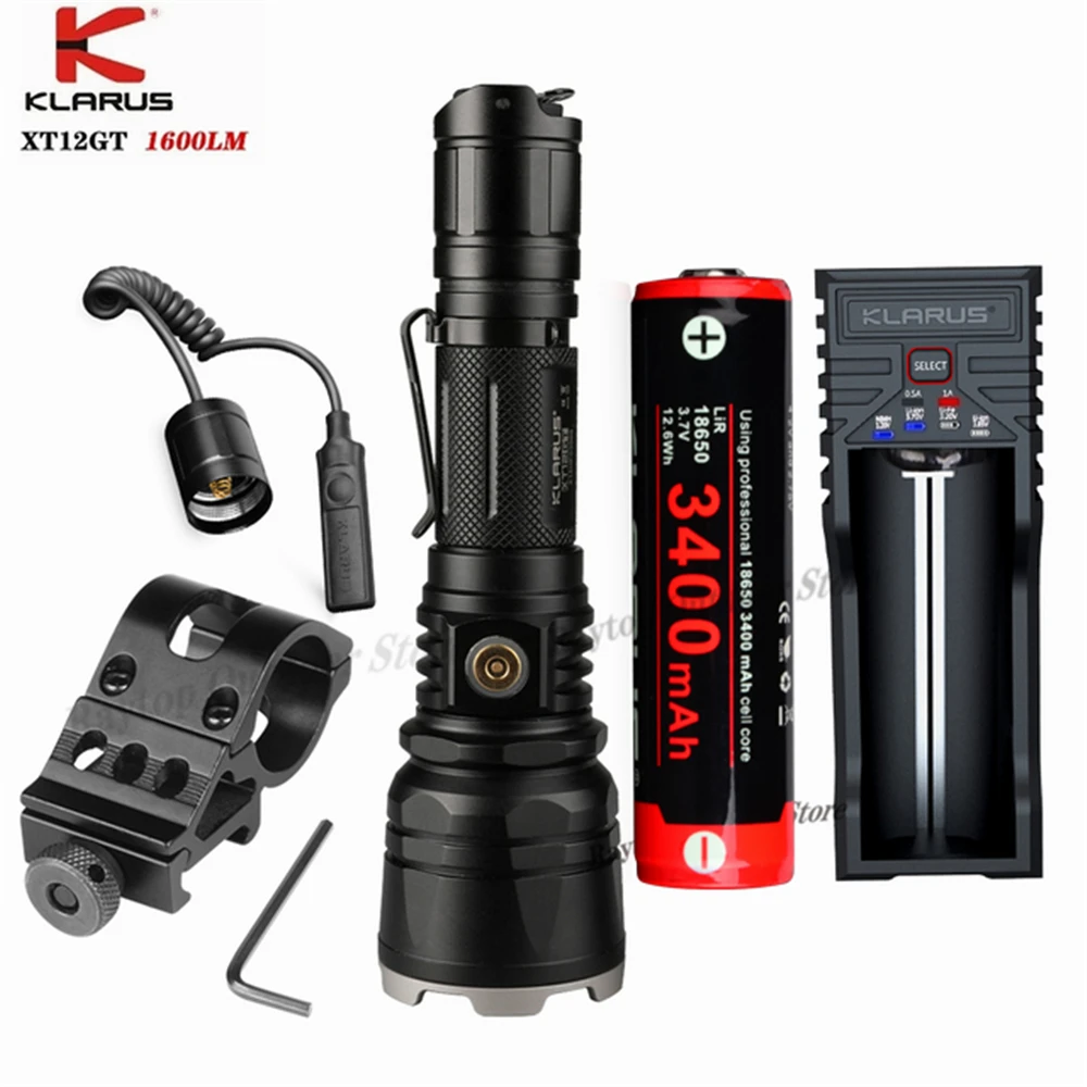 

Тактический фонарик KLARUS XT12GT, макс. 1600 лм, с зарядным устройством K1 на 603 м, переключателем TRS1 и стойкой для оружия