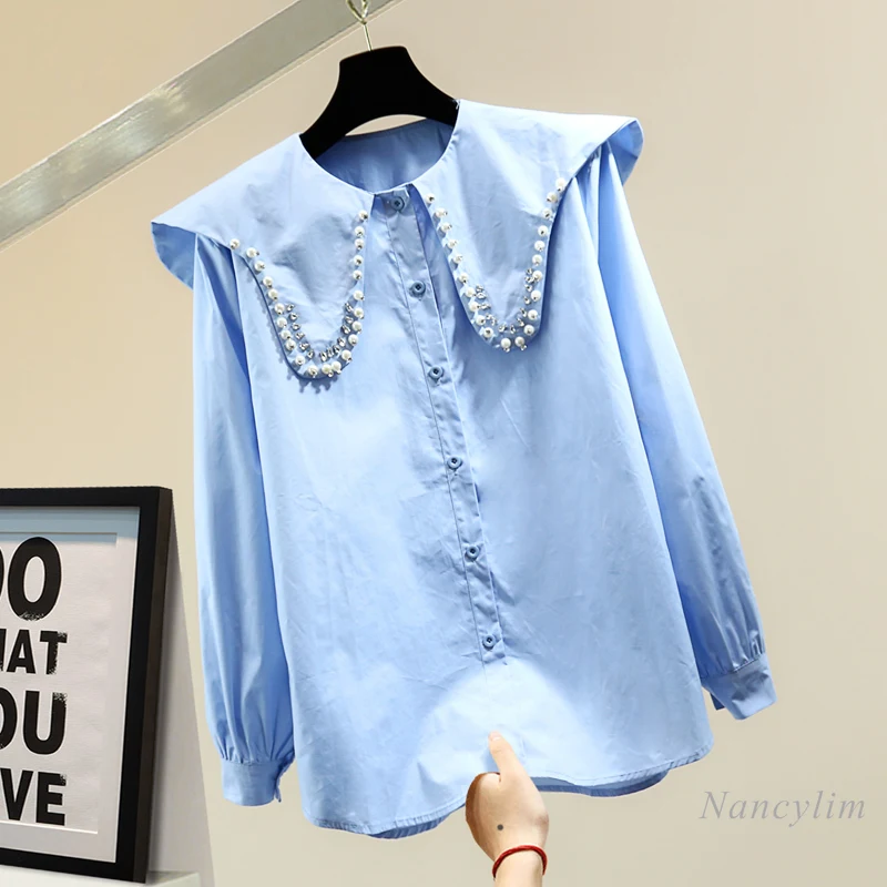 

Beaded Rhinestone Doll Collar Shirt Women 2021 Spring Korean Style Loose Long Sleeve Casual Female Ladies Blouse Blusa