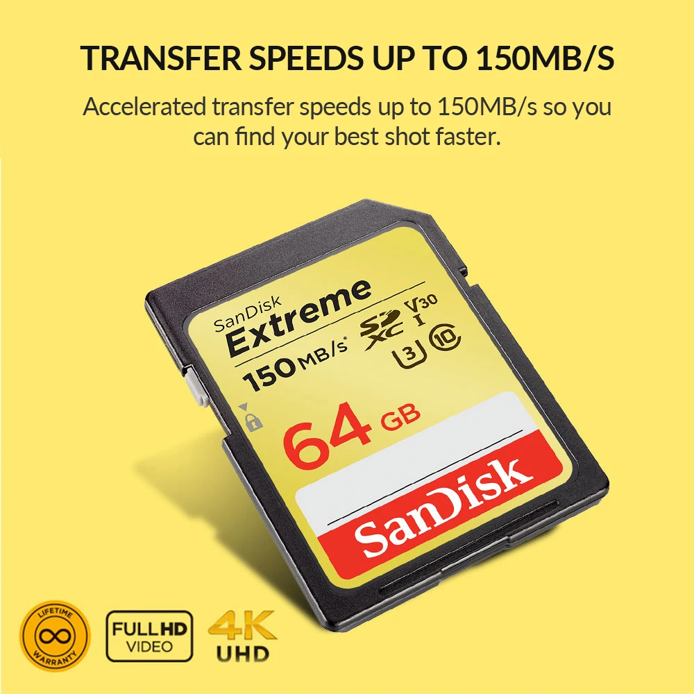 Карта памяти SanDisk Extreme SDHC/SDXC SD карта 4K UHD 32 Гб 64 128 ГБ C10 U3 V30 150 МБ/с. (32 Гб: 90 МБ/с.) UHS I