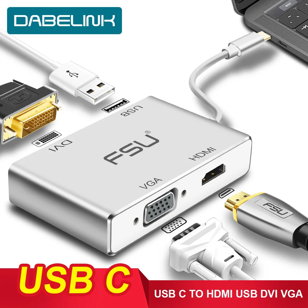 USB C кабель к HDMI DVI VGA Type c папа HDMI/ DVI/VGA/USB Женский 4K 1080P многопортовый адаптер для Dell
