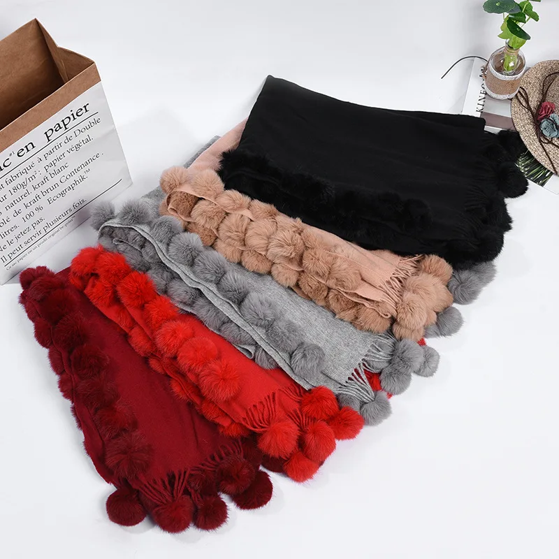 MEEFUR 2019 Новая модная женская шаль на осень-зиму шерсть с помпон из меха кролика