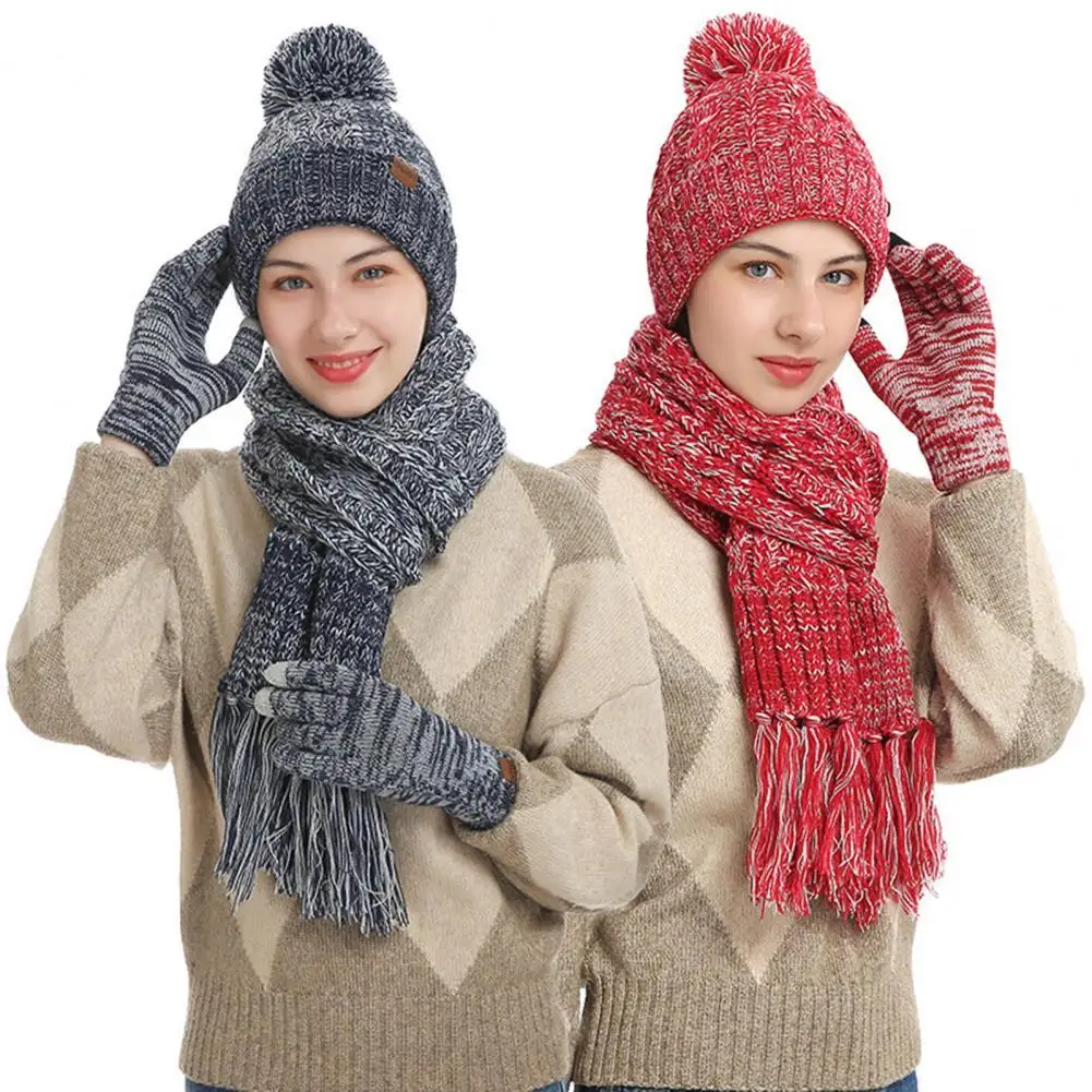 

1 Set Winter Hat Gloves Scarf Twist Pattern Knitted Women Thickened Lining Hat Touchscreen Gloves Scarf Autumn Women Hat Set