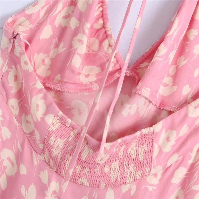 

design pink flower dress women's neck hung mini Dresses in the summer of 2021 women's belt backless skirt lady beach sexy dress