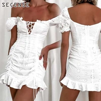 lace shirring dress white ruffle sleeve hollow out square collar french style mini dress slim pleated summer women clothing