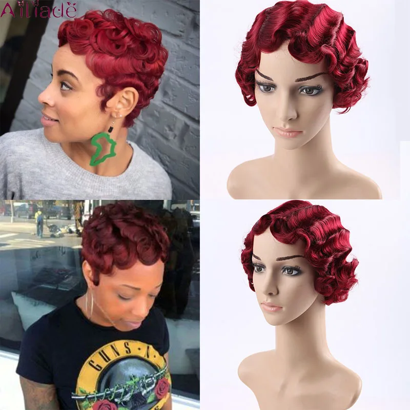 AILIADE красота красные прически для женщин палец волна парики Ретро стиль короткий